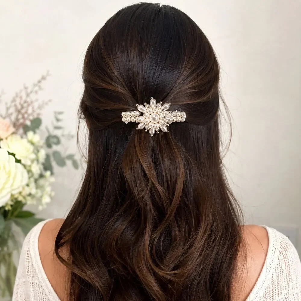Pearl Flower Hair Barrette Clip White Faux Pearl Silver Tone Bridal Floral